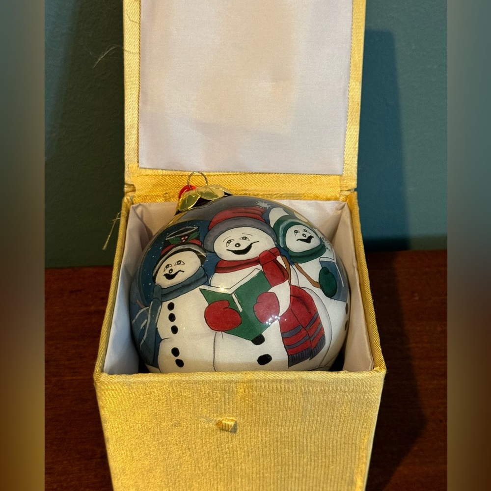 "LI BIEN" Reverse Inside Painting Glass Christmas Round Ornament Singing Snowmen